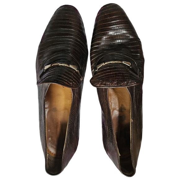 Vintage Men Lizard Skin Loafers Brown Horsebit Sz 8 Leather Italy main image 11